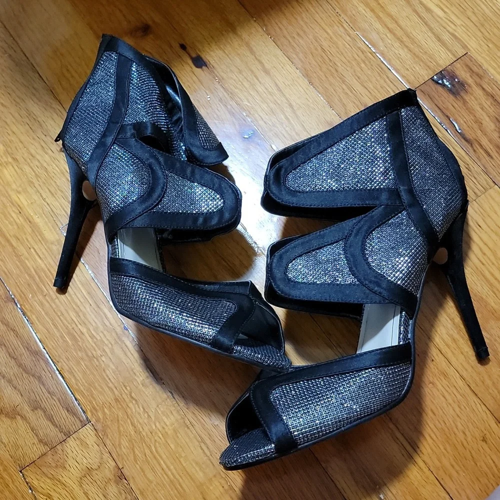 Caparros Black Open Toe Silver Glitter Sandals Heels Booties sz 9.5